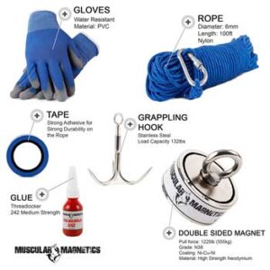 Heavy Duty Neo Magnet Fishing Recovery Kit60mm Pull 150KG magnet gloves rope 
